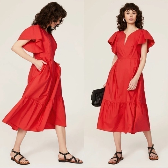 Marissa Webb Collective Midi Dress 2 Red Flutter Sleeve Tiered Cotton V-Neck - Picture 1 of 13